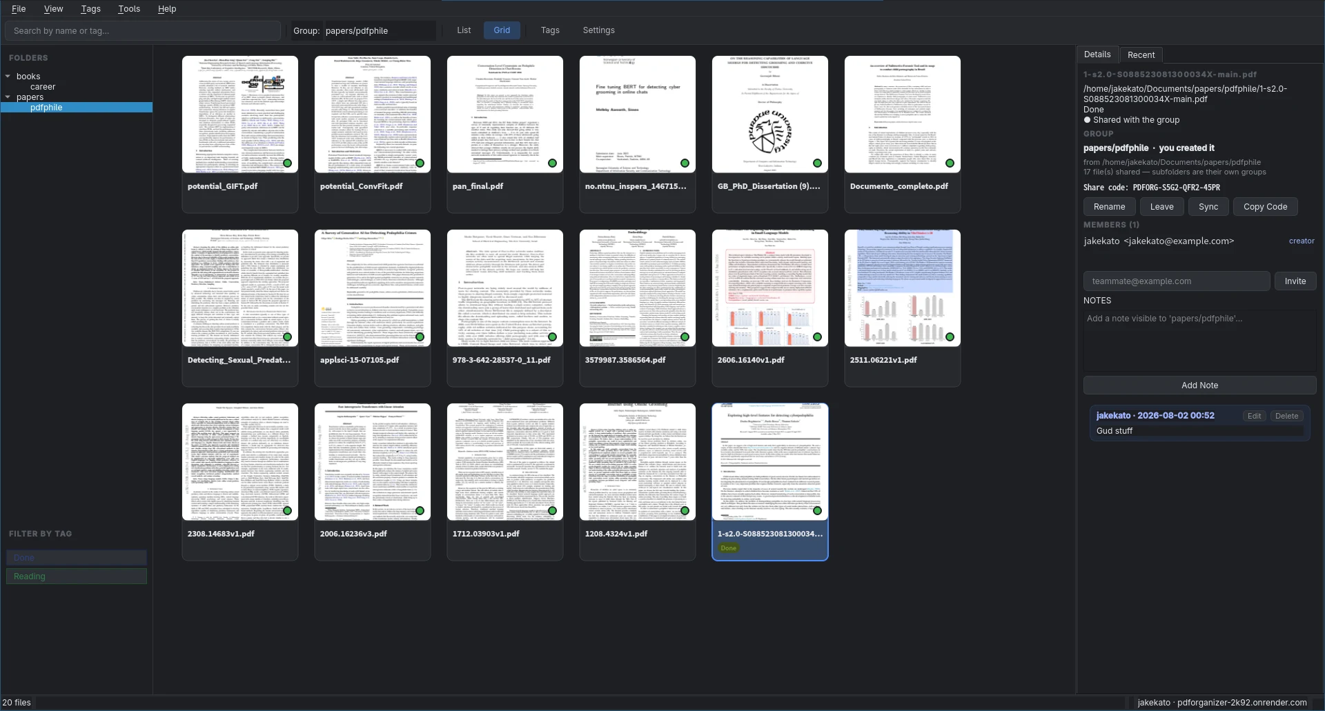 PDF Organizer in grid view: a folder tree on the left, a grid of paper thumbnails each with a green sync dot, and a details panel on the right showing the group, its share code, members and a note.