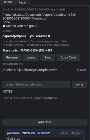 The details panel: the group papers/pdfphile, its share code, one member, and a note reading “Gud stuff” with Edit and Delete buttons.