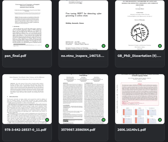 Six paper thumbnails from the grid view, each with a green dot in its corner: every file is shared with the group.